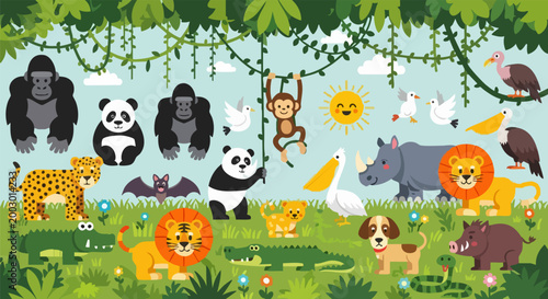 Cute jungle animals vector illustration, cartoon safari wildlife collection in tropical rainforest, exotic zoo animal characters for children