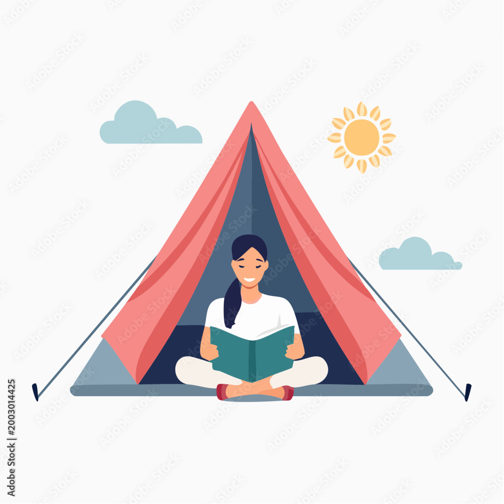 Obraz premium Woman reading a book inside a tent on a sunny day