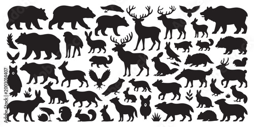 Photography Set of wild animals silhouettes collection featuring bears deer eagles and hares isolated on white background for design projects and creative creative art
