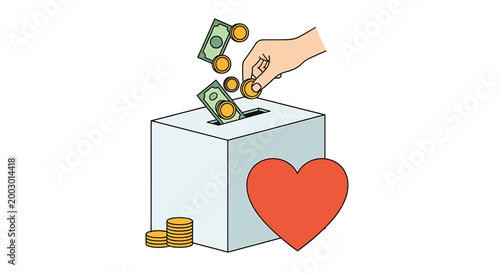 A hand is dropping coins and banknotes into a donation box with a heart symbol, representing charity and giving.