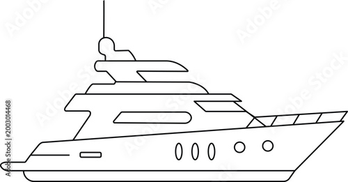 Black and white line art illustration of a luxury yacht boat watercraft