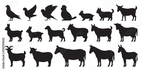 Black silhouette collection of farm animals and birds featuring goats sheep horses rabbit and avian species for agricultural design print web projects.