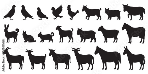 Farm animal silhouettes set featuring various domestic species like goats sheep horses and birds isolated on white background for rural design elements.