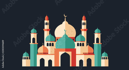 A vibrant, stylized illustration of a grand mosque with multiple domes and minarets against a dark background.