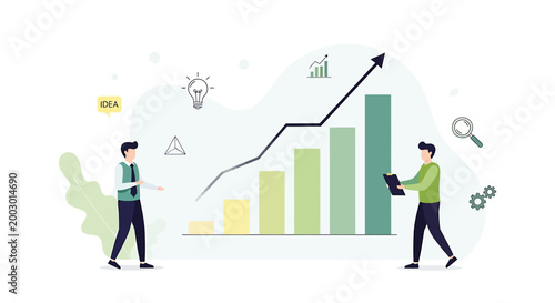 Two businessmen analyze a growing bar chart with an upward trend line, symbolizing business growth and success.