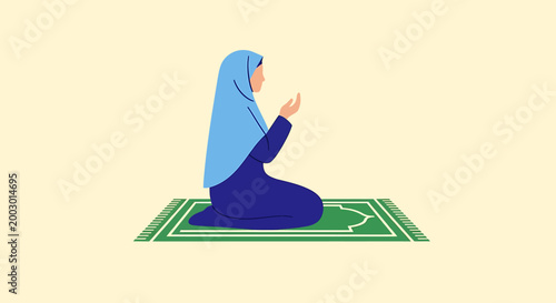 A Muslim woman in a blue hijab and dress is praying on a prayer mat, with her hands raised in supplication.