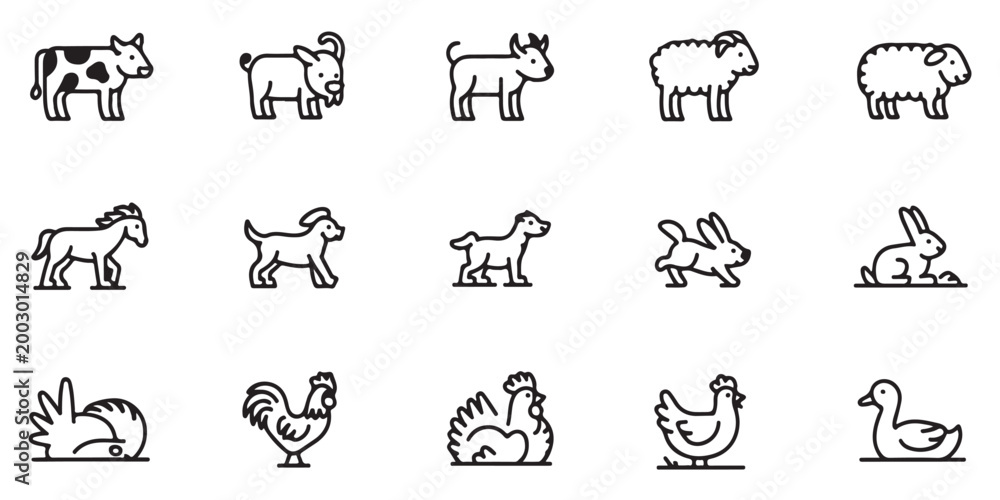 Fototapeta premium Detailed outline drawings of farm animals such as cows goats sheep horses dogs rabbits and chickens standing and walking in clean horizontal layout.