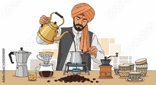 Indian barista brewing coffee with traditional equipment, man in turban pouring hot drink from golden kettle, specialty coffee preparation vector illustration