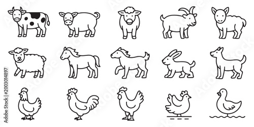 Vector icons of diverse livestock including cattle pigs sheep goats horses rabbits dogs and various poultry species drawn in consistent outline style.