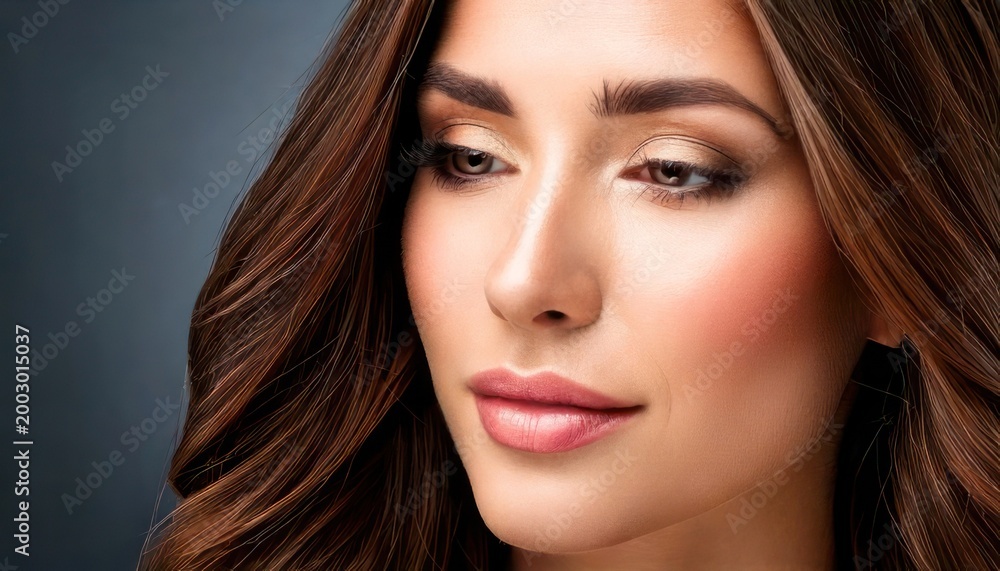 Fototapeta premium Elegant woman with flawless makeup and flowing brown hair.