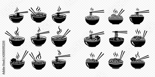 Set of hot noodle soup bowls with chopsticks, steaming Asian food in black and white vector illustration.