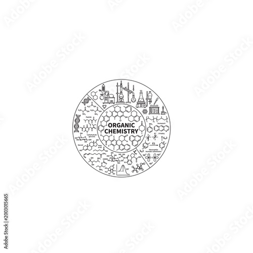 Organic Chemistry Concept Illustration with Chemical Structures and Laboratory Equipment