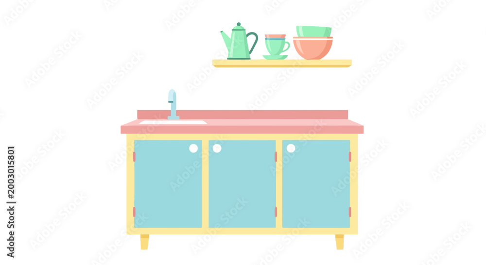 Obraz premium Pastel kitchen cabinet with sink and shelf with teapot and cups