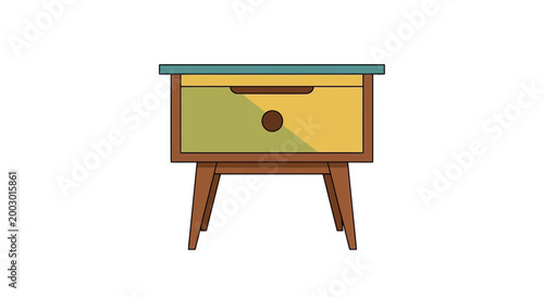 Retro nightstand with geometric pattern and tapered legs, isolated on white