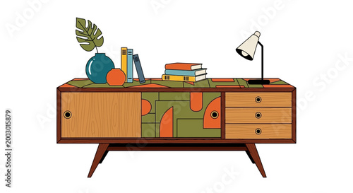 Retro sideboard with decorative patterns, books, lamp, and vase with plant