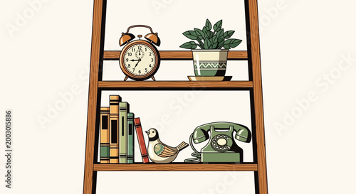 Retro shelf with alarm clock, plant, books, bird, and rotary phone