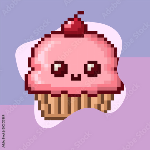 Tableau sur toile Pixel cupcake with cherry - cute retro 8 bit dessert illustration on World Desse