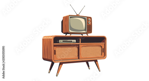 Retro television set on vintage wooden media console with DVD player