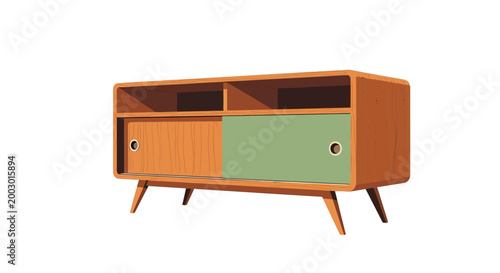 Retro wooden media console with green sliding door and angled legs