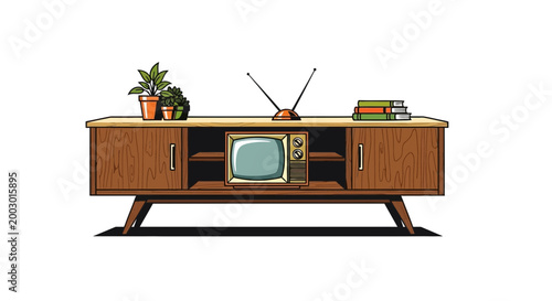 Retro television set on vintage wooden media console with plants and books