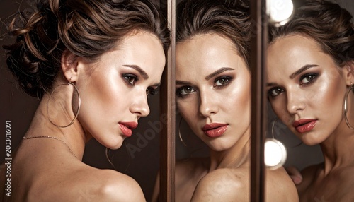 Tableau sur toile Elegant woman with flawless makeup reflected in a mirror.