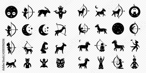 Set of various black silhouette icons depicting zodiac signs, celestial bodies, animals, and mythical figures, suitable for astrology and horoscope designs.