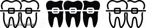 Minimalist dental braces vector icon set featuring teeth alignment with wire and brackets in outline and silhouette designs for orthodontics medical clinic and oral healthcare.