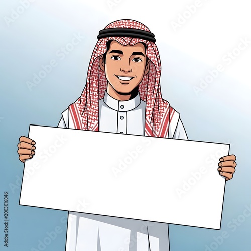 Arab man in traditional clothing holding a blank white sign with copy space