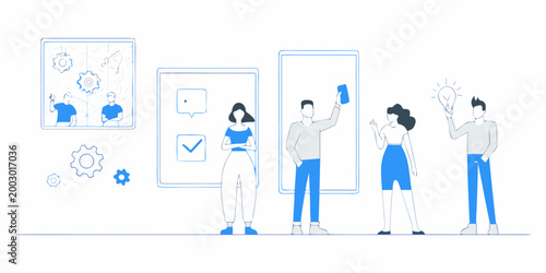 Fotografija blue line illustration of people collaborating with icons and whiteboards in a m