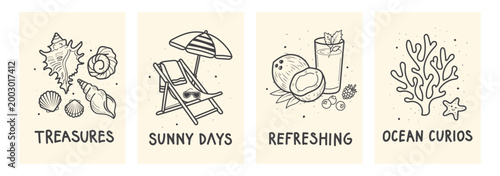 4 set of Summer beach postcard print or poster templates doodle set with shells starfish crab pineapple flamingo flip flops. Hand drawn line art in decorative square frames. Minimal Vector