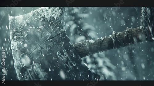 Ancient battle axe covered with snow in cold environment, AI-generated.