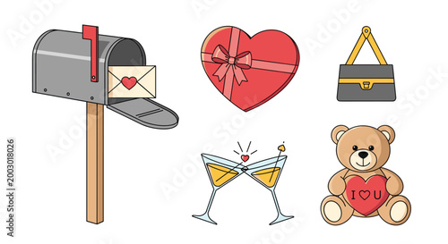 Assorted collection of romantic Valentine themed objects including a mailbox with a love letter heart shaped box and a teddy bear.