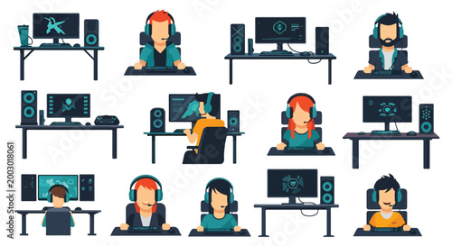 Professional gamer character set with 12 vector icons, esports players at gaming desks, cyber sport competition avatars and workstation equipment