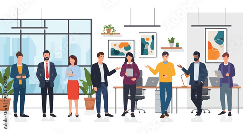Modern business team in open office workspace, diverse professional colleagues working together, corporate staff meeting in creative interior