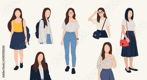 Group of seven young women in fashionable casual outfits including jeans skirts and backpacks standing in various stylish poses.