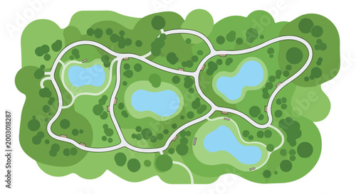 Aerial view city park map vector, green public garden landscape with lakes and walking paths, top down nature parkland illustration for urban planning