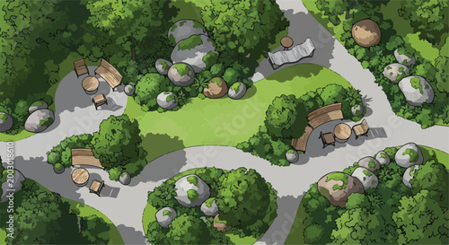 Aerial view park landscape vector, top down garden map with benches and trees, outdoor public space with stone paths and green foliage