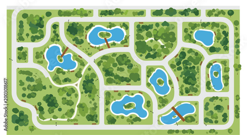 Aerial view city park map vector, green public garden landscape with blue ponds and walking paths, urban recreation area top view illustration