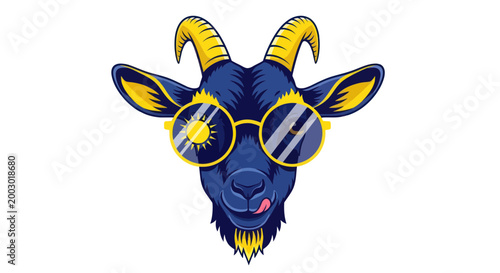 Canvastavla Cool Goat Wearing Sunglasses with Sun Reflection, Tongue Out, Vector Art