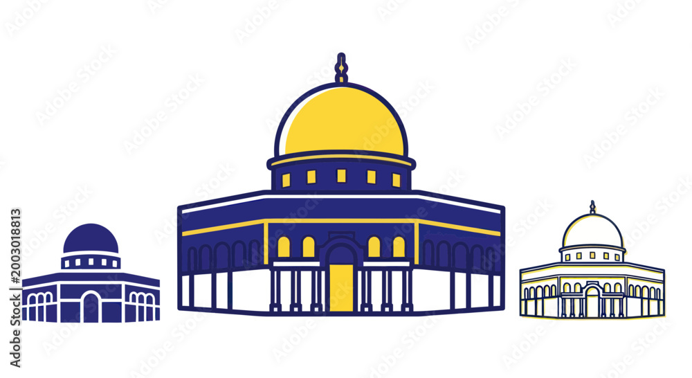 Obraz premium Jerusalem religious buildings illustration: Dome of the Rock, Al-Aqsa Mosque, and Qubbat al-Silsila