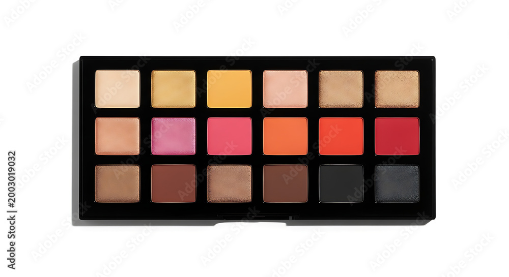 Fototapeta premium Vibrant Makeup Palette Displayed on Clean White Background with Various Colors