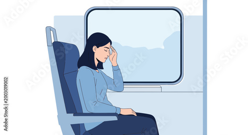 Woman feeling unwell on train journey, headache, motion sickness, travel fatigue