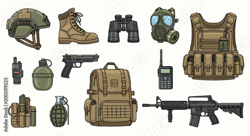 Array of modern military tactical gear and equipment including a rifle, helmet, backpack, and protective vest.