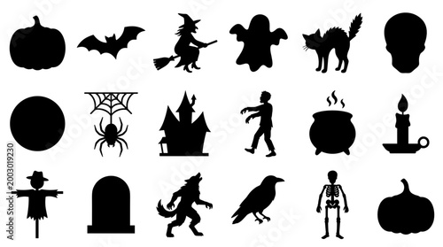 Halloween Silhouette Icons Collection Spooky Symbols Pumpkin Witch Ghost Bat Spider Castle Scarecrow Skeleton Wolf Raven Candle