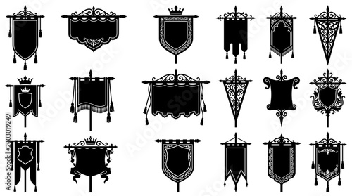 Collection of medieval banners and heraldic shields in silhouette, representing royal emblems and historical symbols