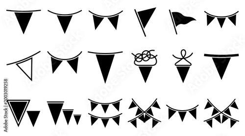 Collection of black triangular flags and bunting for celebrations and decorations isolated on white background