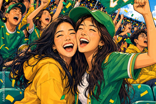 Colorful Cartoon of Asian Female Friends Celebrating in Stadium Stand