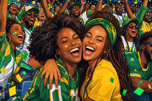Colorful Cartoon of African Female Friends Celebrating in Stadium Stand