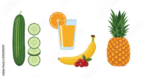 Fresh fruit assortment featuring a pineapple, banana, glass of orange juice, and sliced cucumber pieces.