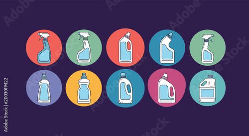 Collection of colorful circular icons each featuring a different type of cleaning product or detergent bottle.